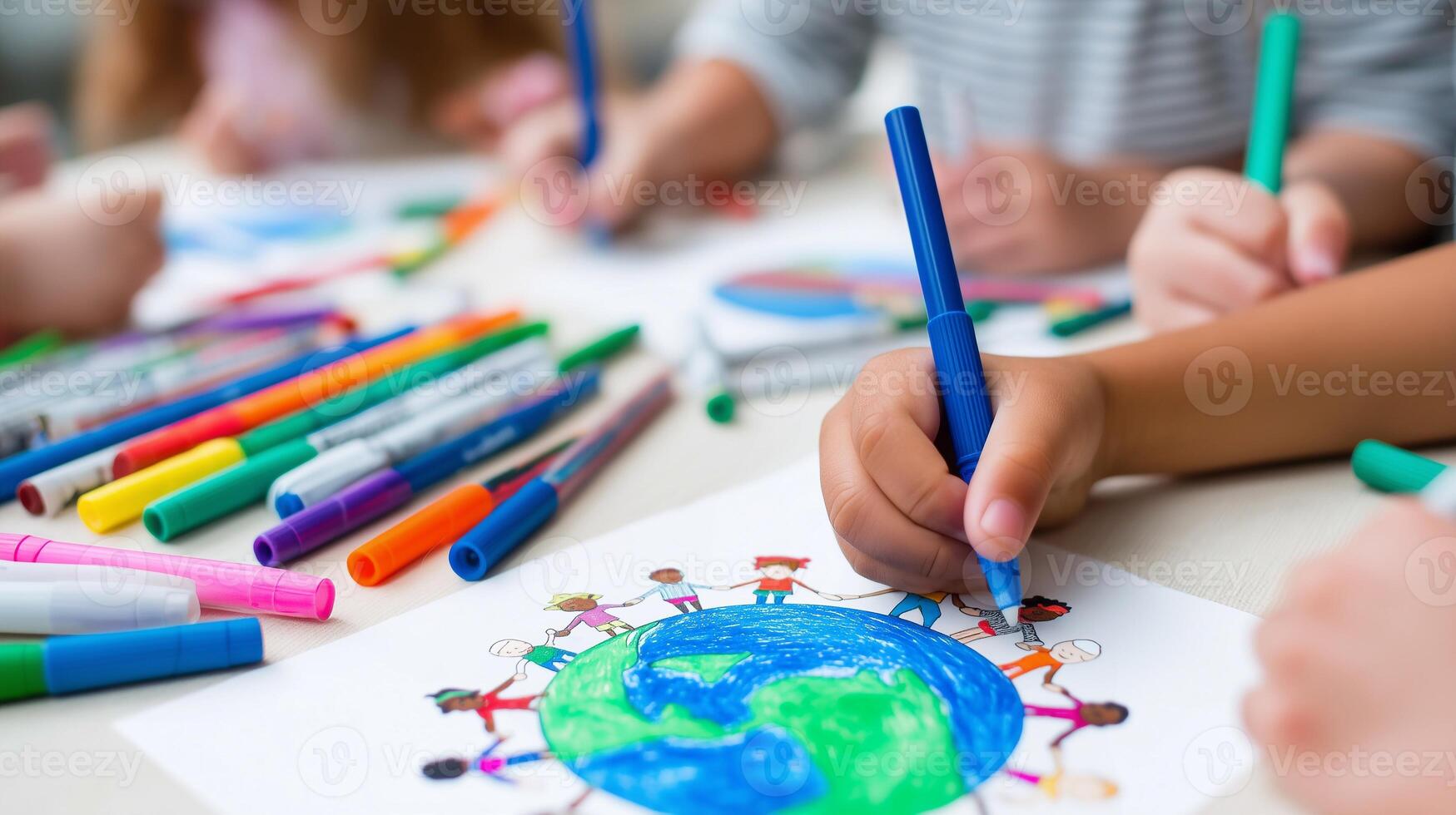 children draw earth and diverse people holding hands symbolizing unity peace and environmental awareness in celebration of earth day through creativity and education photo