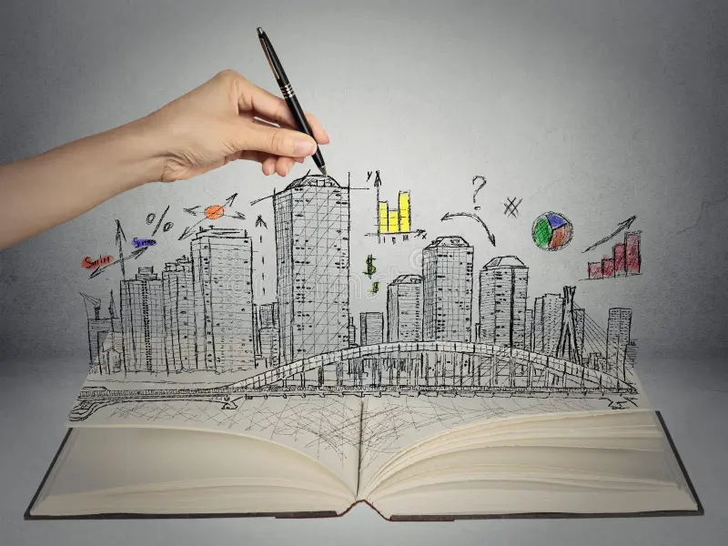 hand drawing city skyline business concept growing out open book grey wall background real estate development house market 48052216