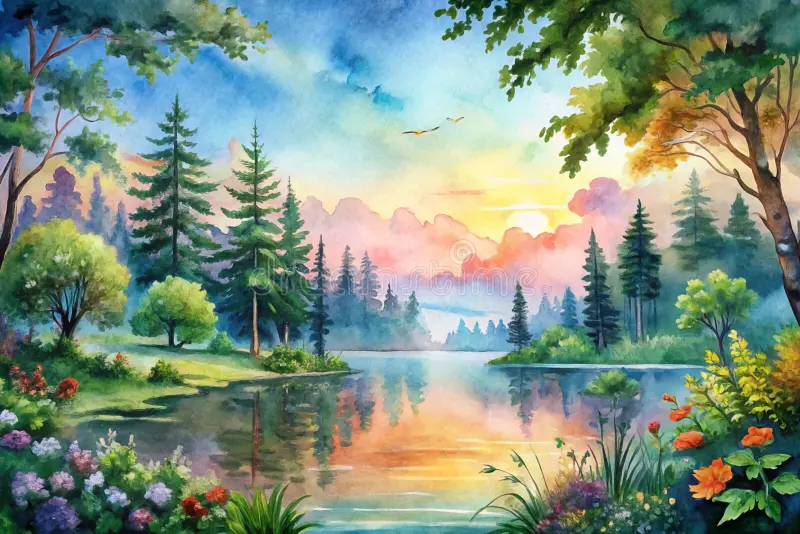 serene watercolor landscape painting tranquil lake reflecting colorful sunset over lush forest 348494622